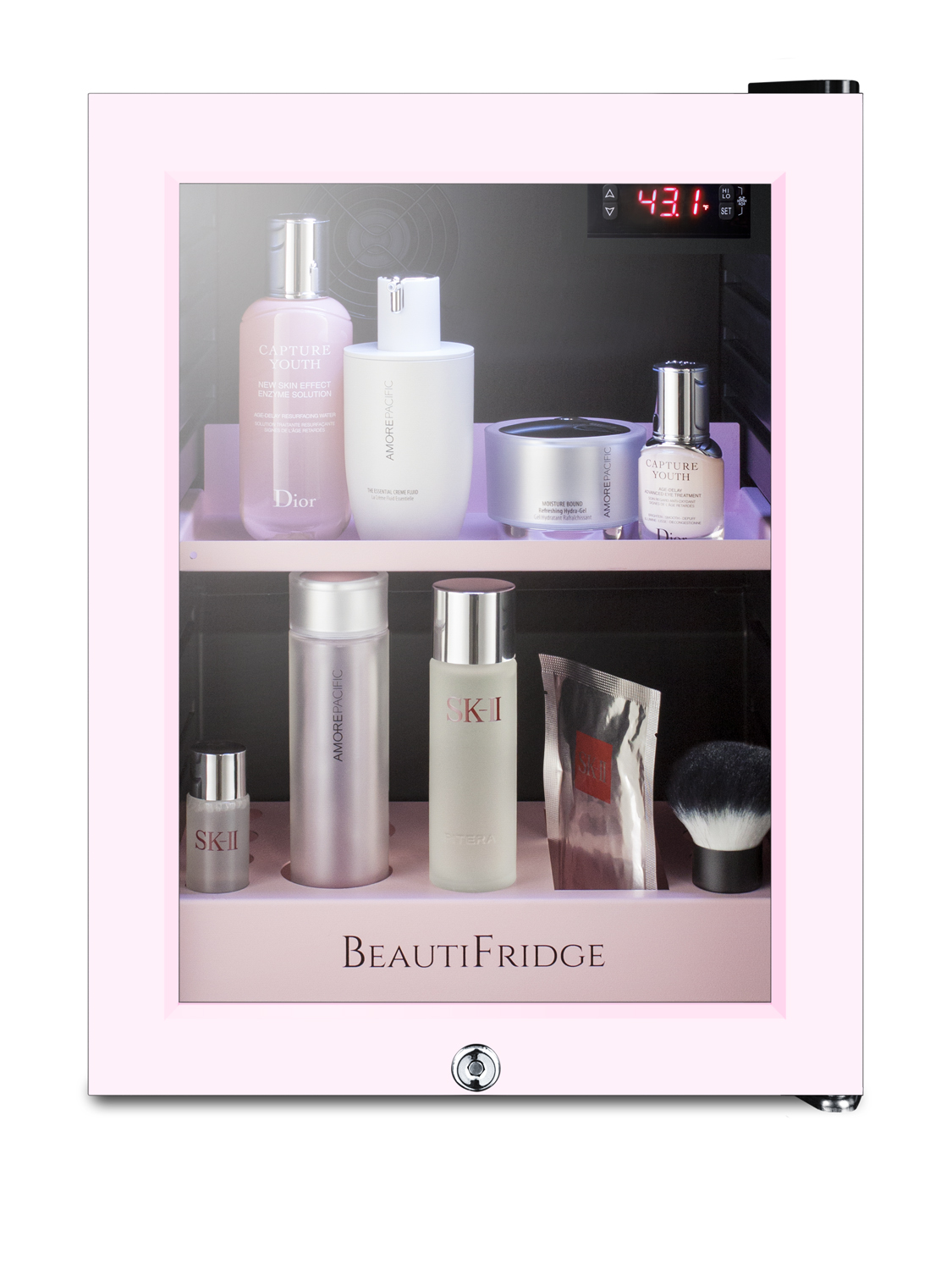 BeautiFridge compact cosmetics cooler with pink trimmed glass door, lock, matte blush pink shelves, and digital controls set for the storage of beauty products
